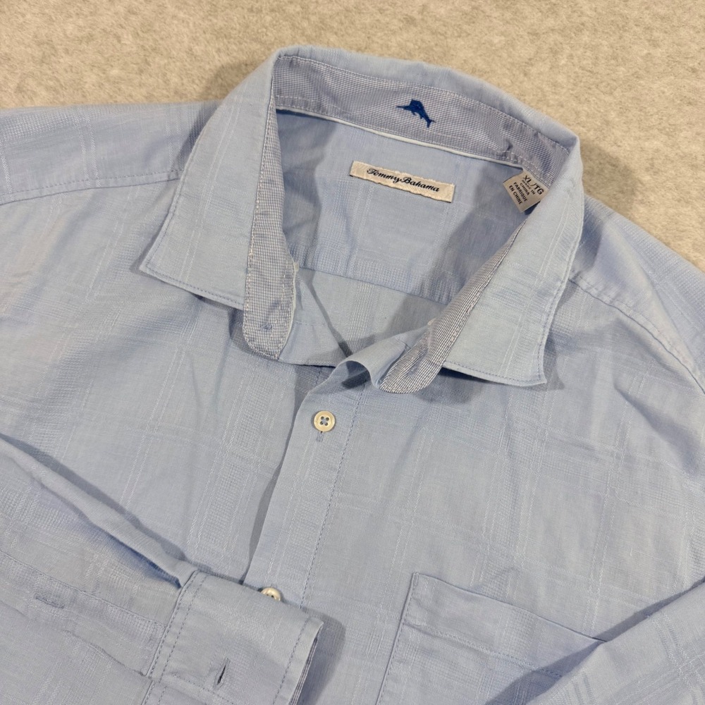 Tommy Bahama Button Front Shirt Men XL Blue Linen Blend Windowpane‎
